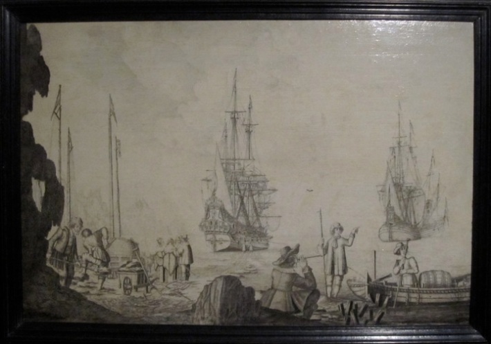 Men in a Boat near Two Dutch Ships