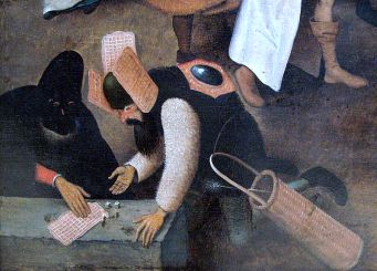 Detail: Waffles used as costume and game board in Breugel's "Fight Between Carnival and Lent"